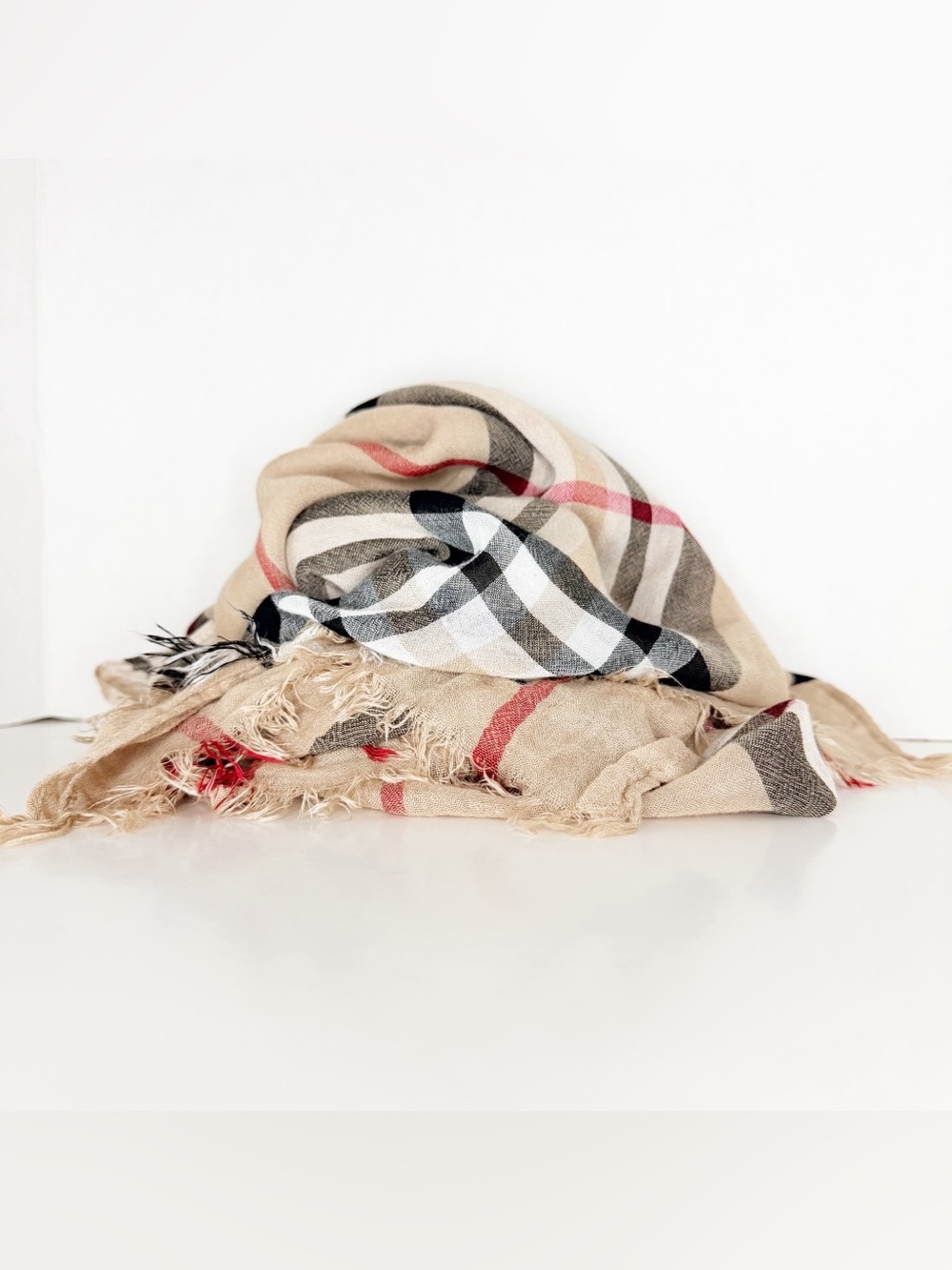 V. FRAAS Beige Plaid Fringed Oversized Scarf/Wrap with Red and Black Accents